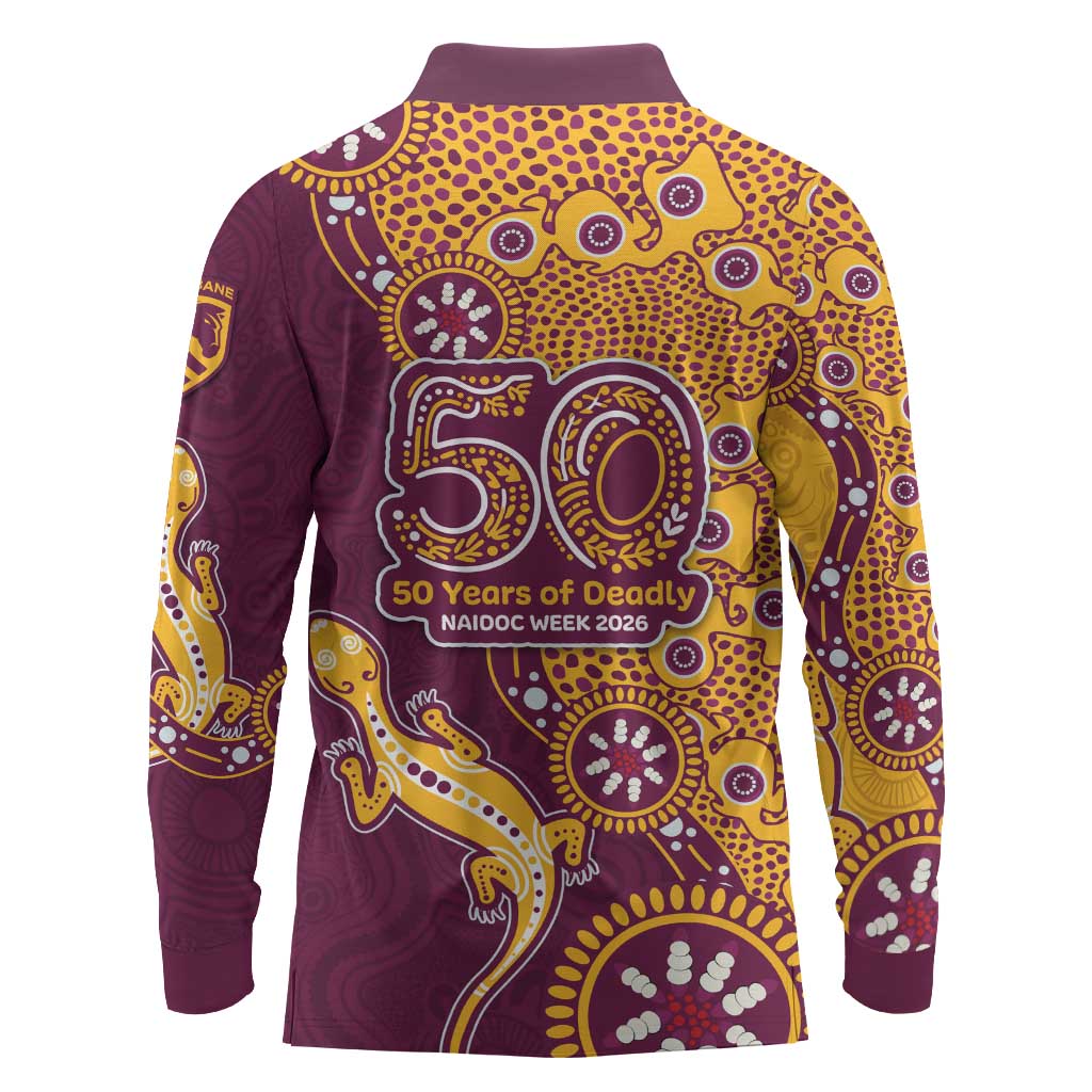 Brisbane Broncos NAIDOC Week 2026 Long Sleeve Polo Shirt Aboriginal Lizard Dot Painting - 50 Years of Deadly