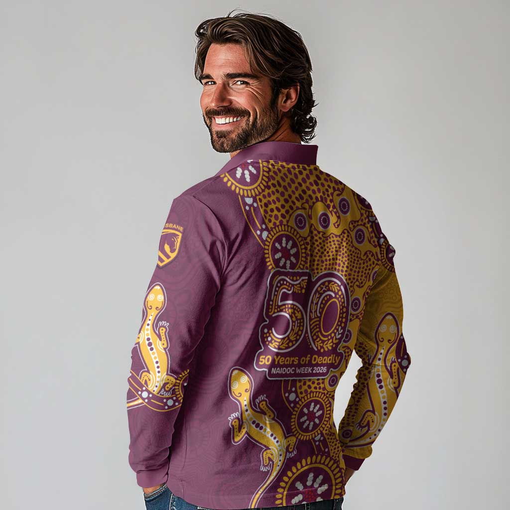 Brisbane Broncos NAIDOC Week 2026 Long Sleeve Polo Shirt Aboriginal Lizard Dot Painting - 50 Years of Deadly