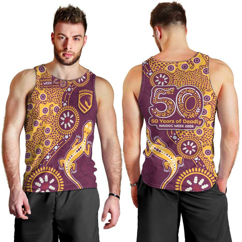 Brisbane Broncos NAIDOC Week 2026 Men Tank Top Aboriginal Lizard Dot Painting - 50 Years of Deadly