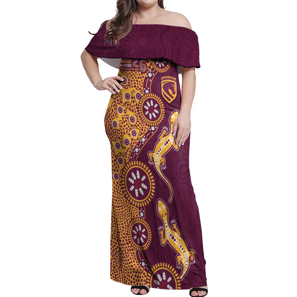 Brisbane Broncos NAIDOC Week 2026 Off Shoulder Maxi Dress Aboriginal Lizard Dot Painting - 50 Years of Deadly