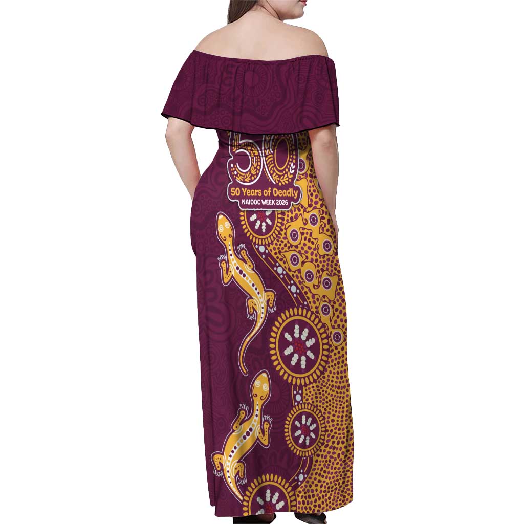 Brisbane Broncos NAIDOC Week 2026 Off Shoulder Maxi Dress Aboriginal Lizard Dot Painting - 50 Years of Deadly