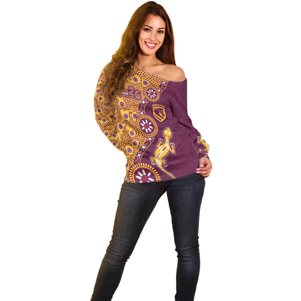 Brisbane Broncos NAIDOC Week 2026 Off Shoulder Sweater Aboriginal Lizard Dot Painting - 50 Years of Deadly