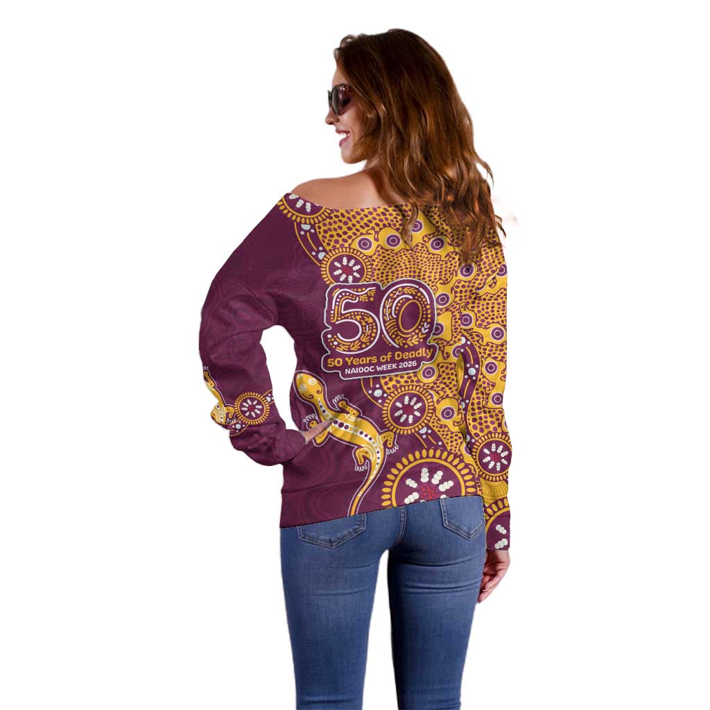 Brisbane Broncos NAIDOC Week 2026 Off Shoulder Sweater Aboriginal Lizard Dot Painting - 50 Years of Deadly