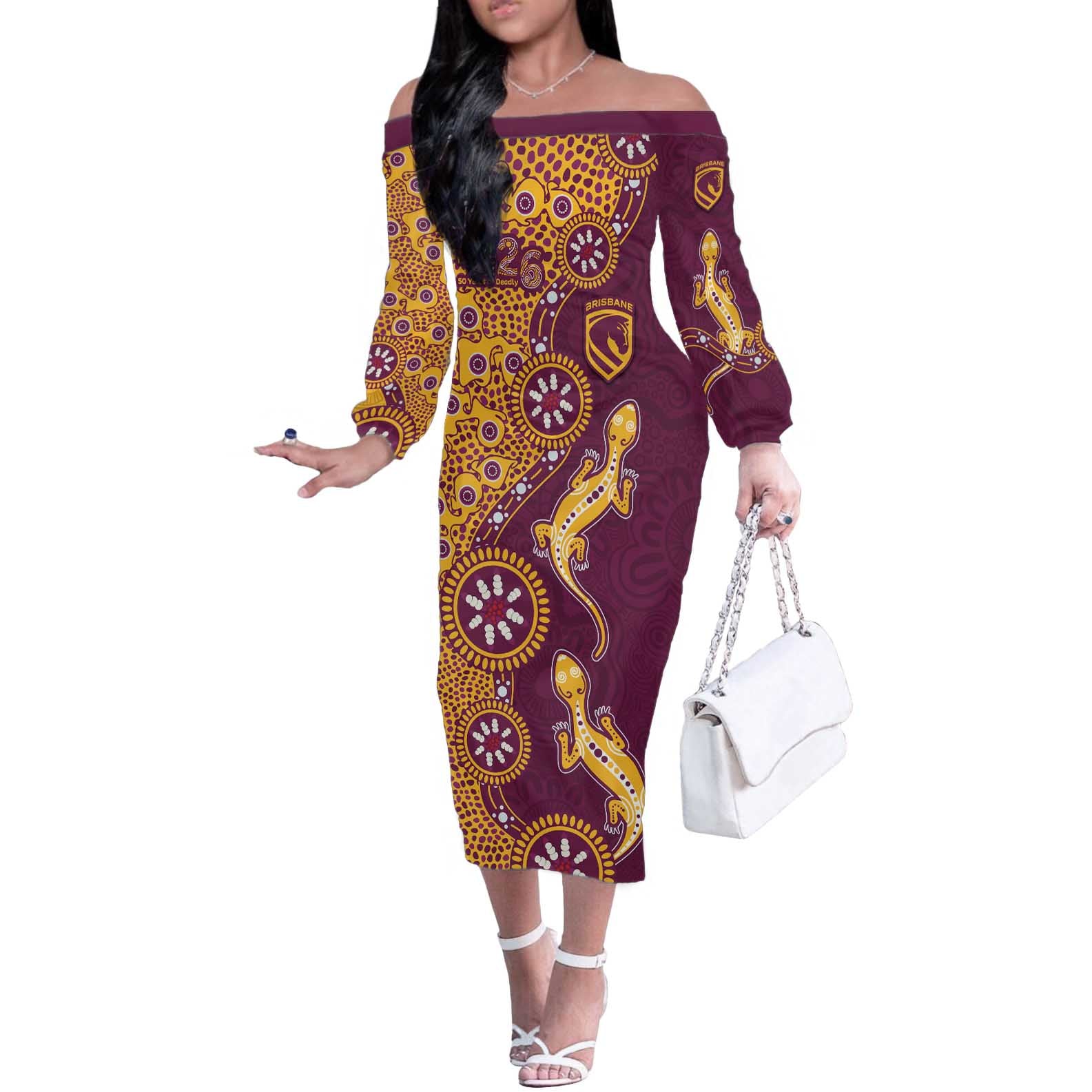 Brisbane Broncos NAIDOC Week 2026 Off The Shoulder Long Sleeve Dress Aboriginal Lizard Dot Painting - 50 Years of Deadly