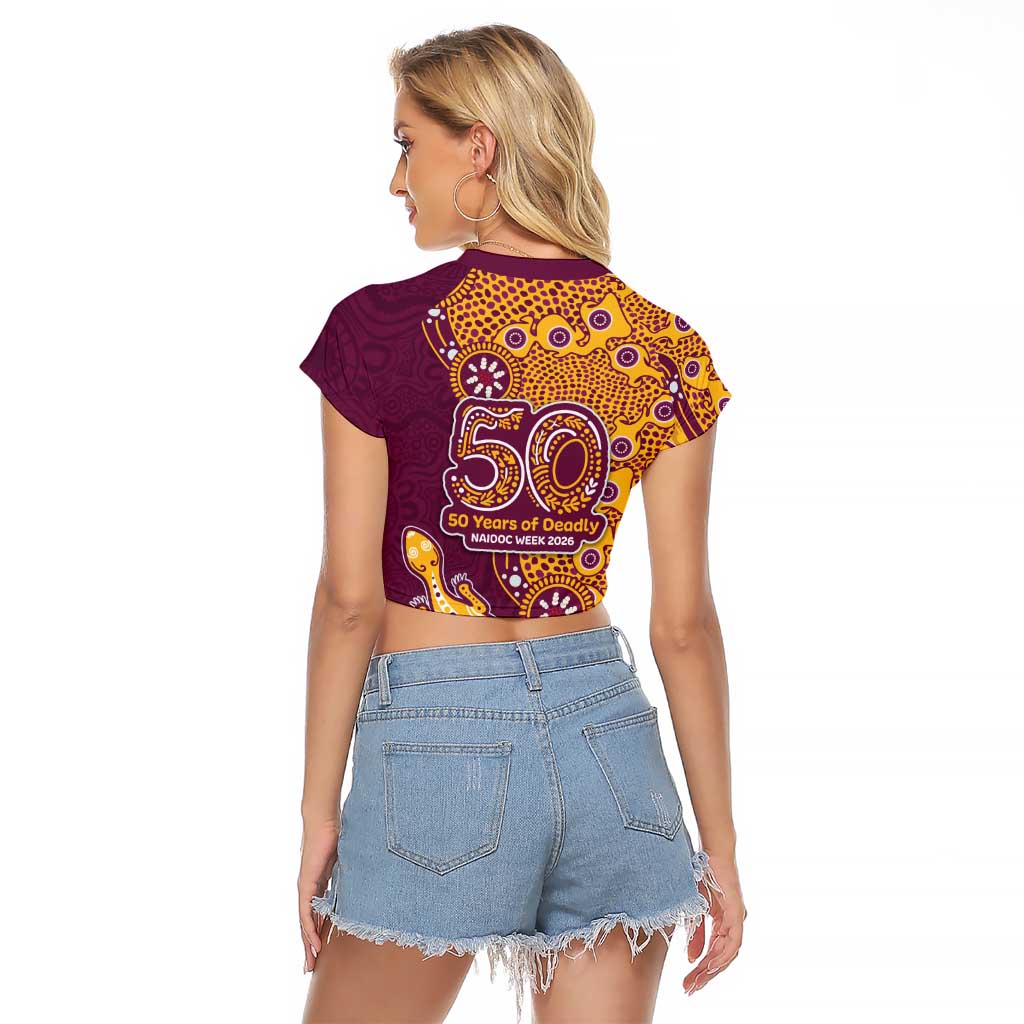 Brisbane Broncos NAIDOC Week 2026 Raglan Cropped T Shirt Aboriginal Lizard Dot Painting - 50 Years of Deadly