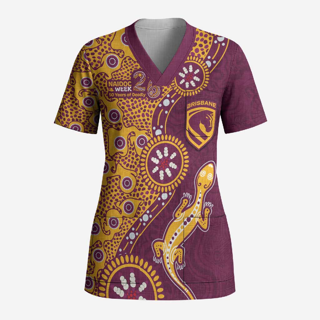 Brisbane Broncos NAIDOC Week 2026 Scrub Top Aboriginal Lizard Dot Painting - 50 Years of Deadly