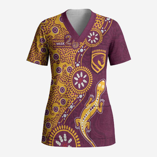 Brisbane Broncos NAIDOC Week 2026 Scrub Top Aboriginal Lizard Dot Painting - 50 Years of Deadly