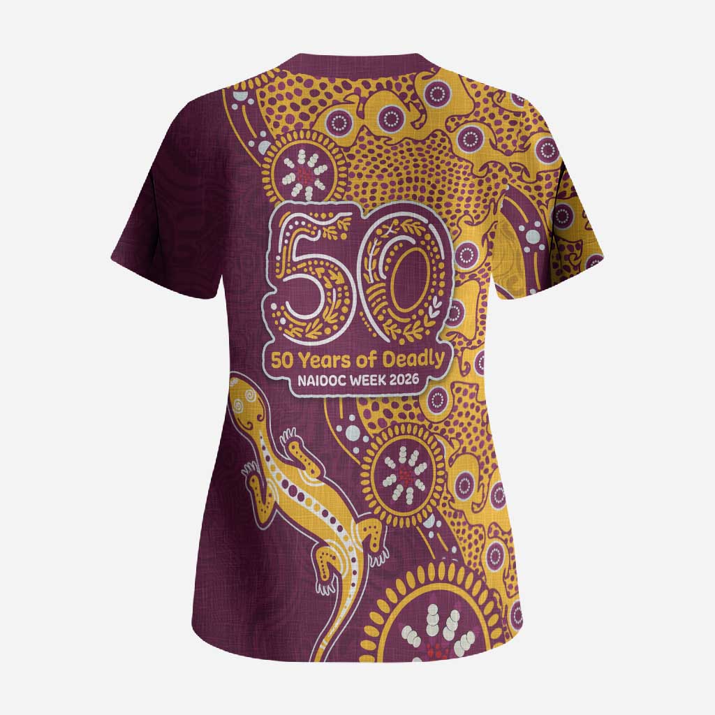 Brisbane Broncos NAIDOC Week 2026 Scrub Top Aboriginal Lizard Dot Painting - 50 Years of Deadly