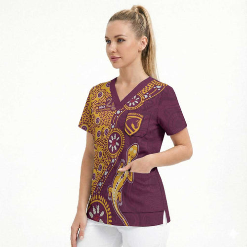 Brisbane Broncos NAIDOC Week 2026 Scrub Top Aboriginal Lizard Dot Painting - 50 Years of Deadly