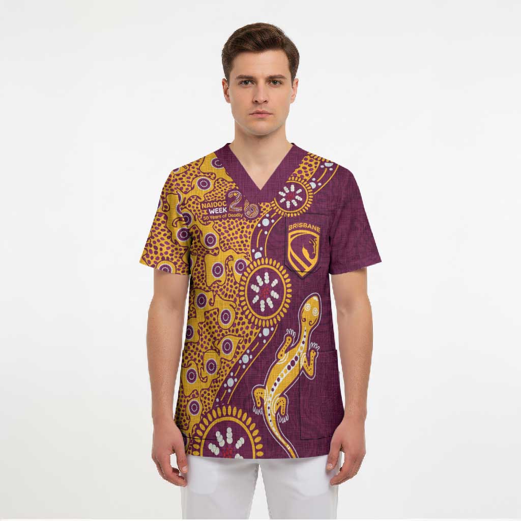 Brisbane Broncos NAIDOC Week 2026 Scrub Top Aboriginal Lizard Dot Painting - 50 Years of Deadly