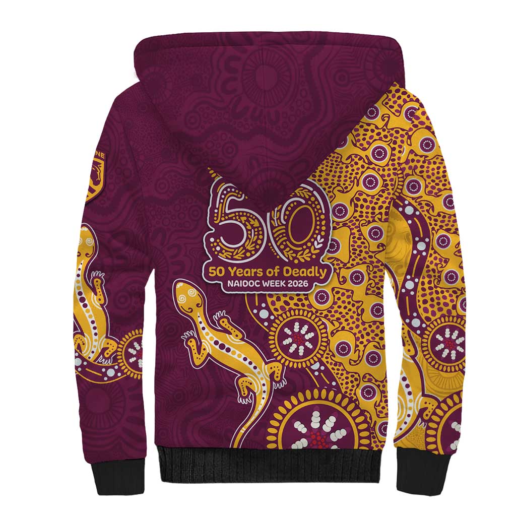 Brisbane Broncos NAIDOC Week 2026 Sherpa Hoodie Aboriginal Lizard Dot Painting - 50 Years of Deadly