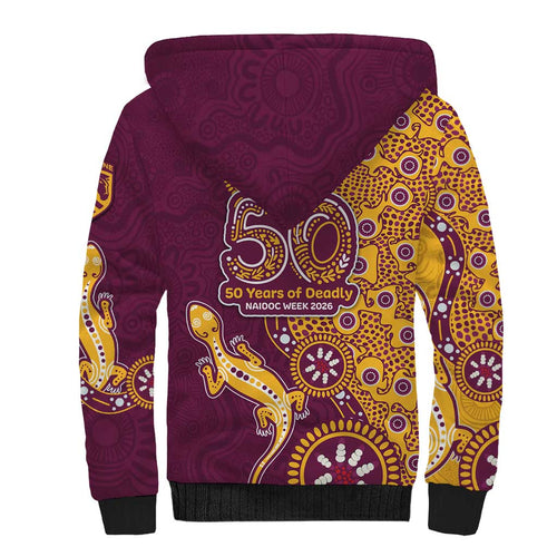 Brisbane Broncos NAIDOC Week 2026 Sherpa Hoodie Aboriginal Lizard Dot Painting - 50 Years of Deadly