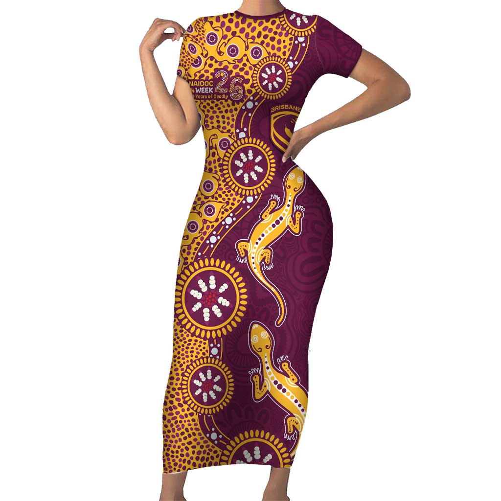 Brisbane Broncos NAIDOC Week 2026 Short Sleeve Bodycon Dress Aboriginal Lizard Dot Painting - 50 Years of Deadly