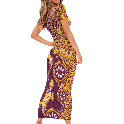 Brisbane Broncos NAIDOC Week 2026 Short Sleeve Bodycon Dress Aboriginal Lizard Dot Painting - 50 Years of Deadly