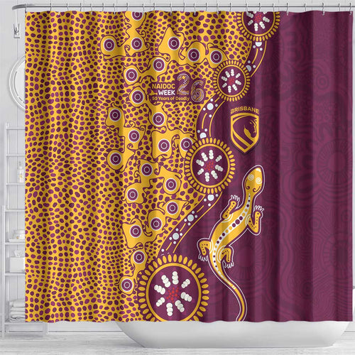 Brisbane Broncos NAIDOC Week 2026 Shower Curtain Aboriginal Lizard Dot Painting - 50 Years of Deadly