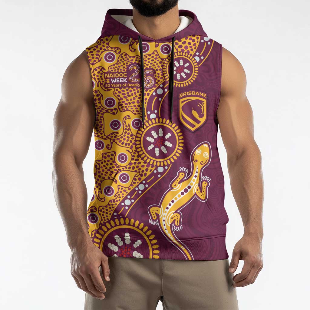 Brisbane Broncos NAIDOC Week 2026 Sleeveless Hoodie Aboriginal Lizard Dot Painting - 50 Years of Deadly