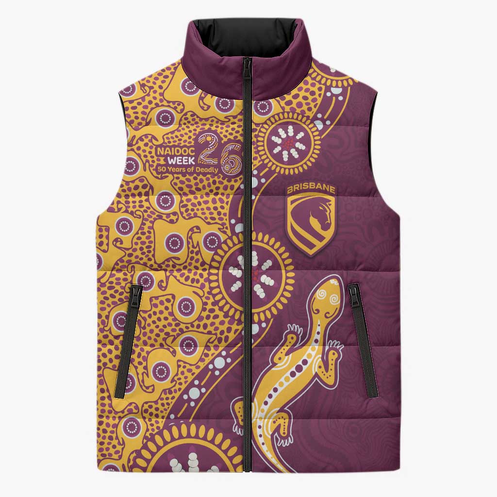 Brisbane Broncos NAIDOC Week 2026 Sleeveless Puffer Jacket Aboriginal Lizard Dot Painting - 50 Years of Deadly