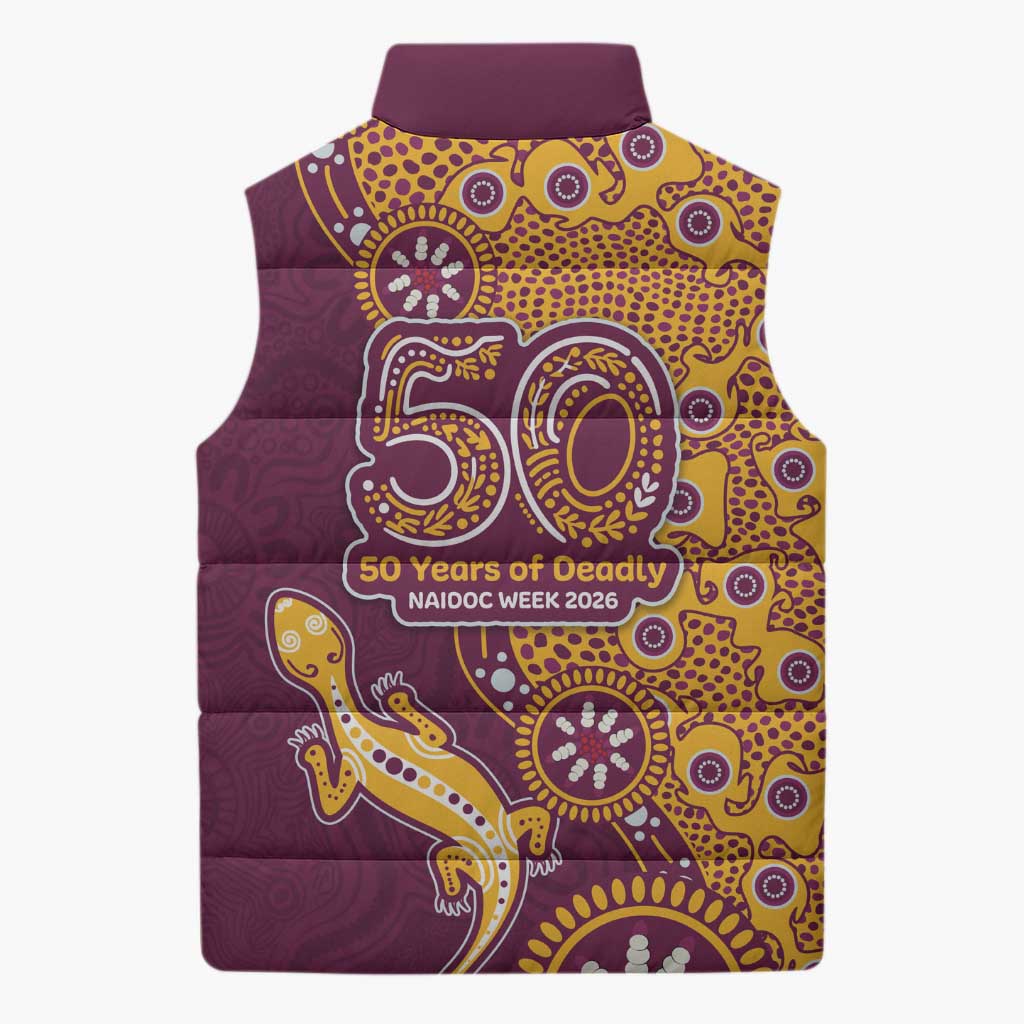 Brisbane Broncos NAIDOC Week 2026 Sleeveless Puffer Jacket Aboriginal Lizard Dot Painting - 50 Years of Deadly