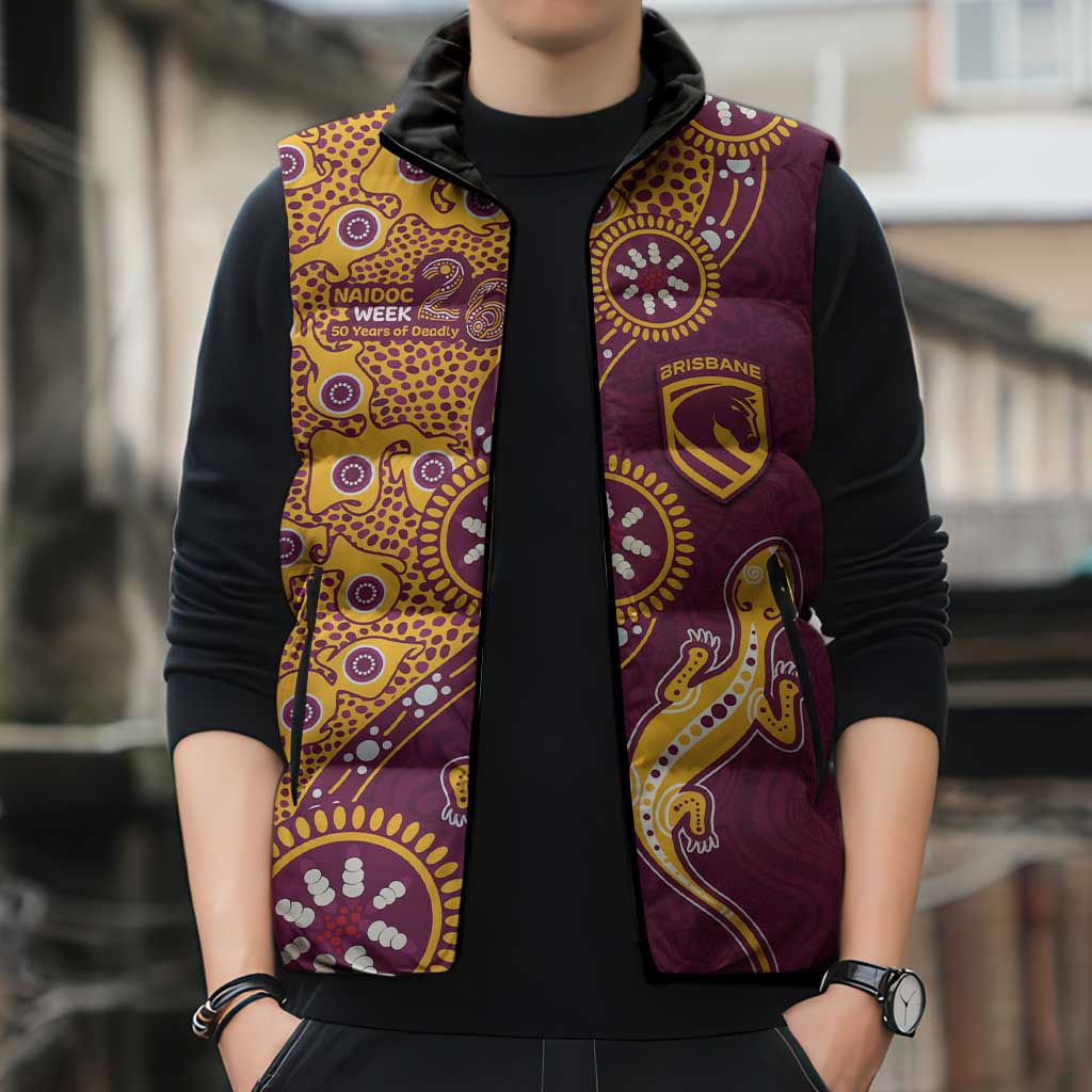 Brisbane Broncos NAIDOC Week 2026 Sleeveless Puffer Jacket Aboriginal Lizard Dot Painting - 50 Years of Deadly