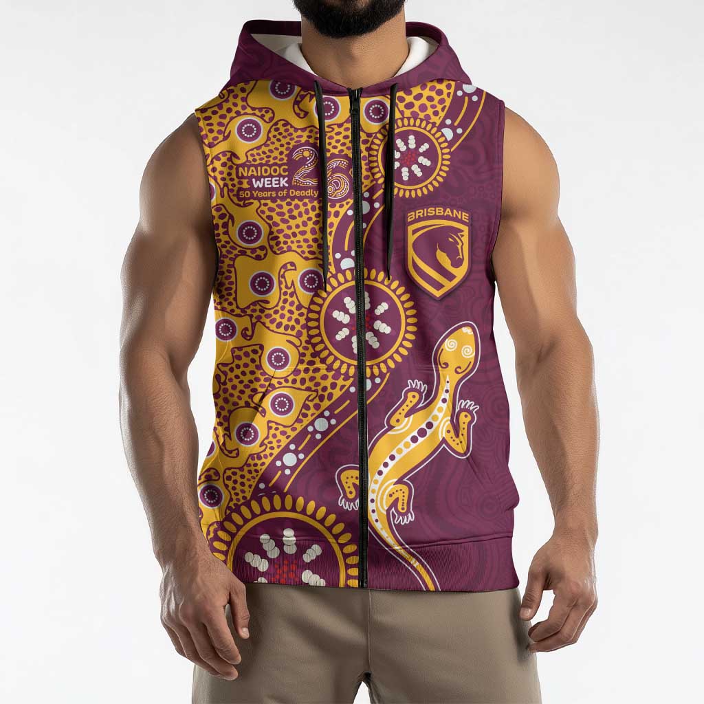 Brisbane Broncos NAIDOC Week 2026 Sleeveless Zip Hoodie Aboriginal Lizard Dot Painting - 50 Years of Deadly