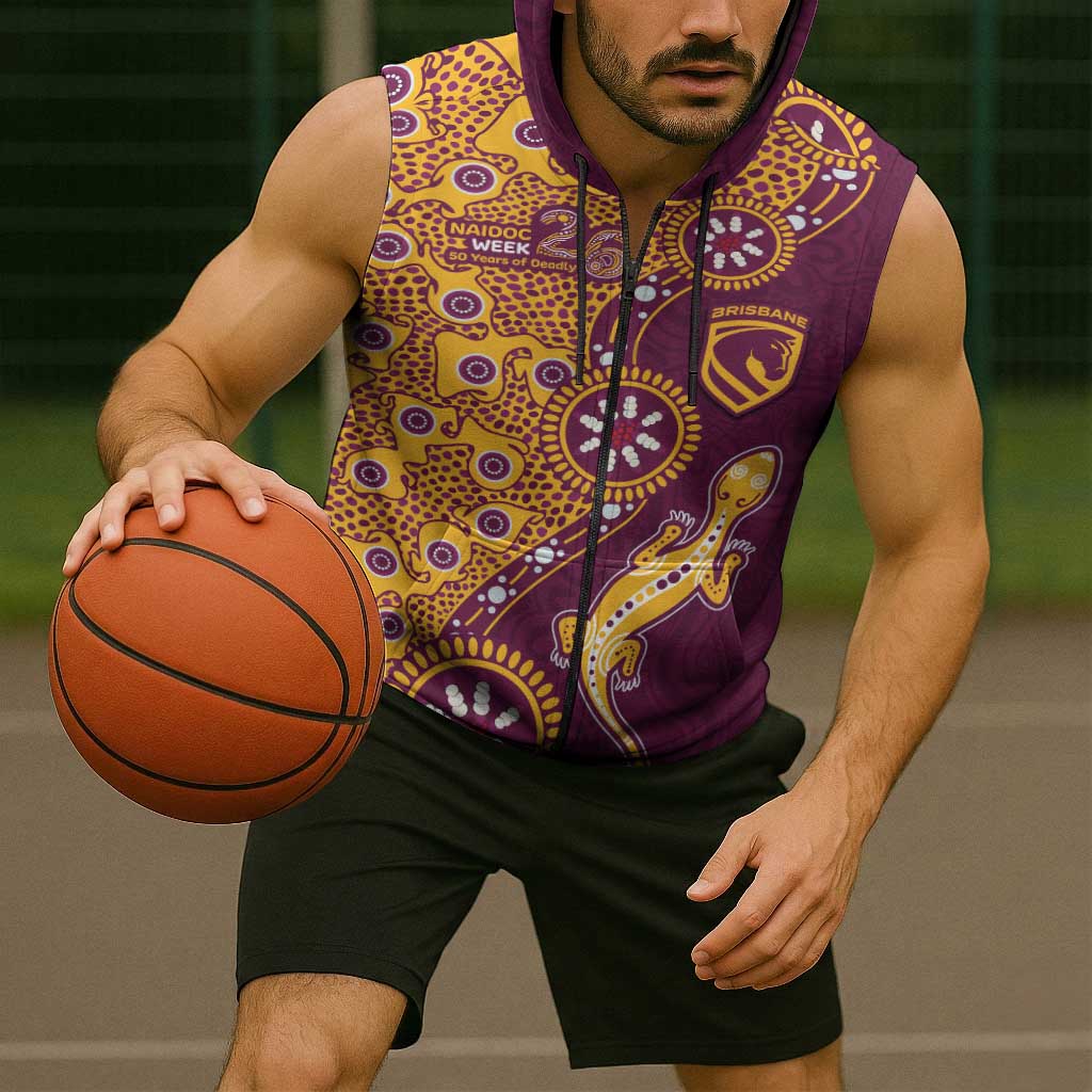 Brisbane Broncos NAIDOC Week 2026 Sleeveless Zip Hoodie Aboriginal Lizard Dot Painting - 50 Years of Deadly