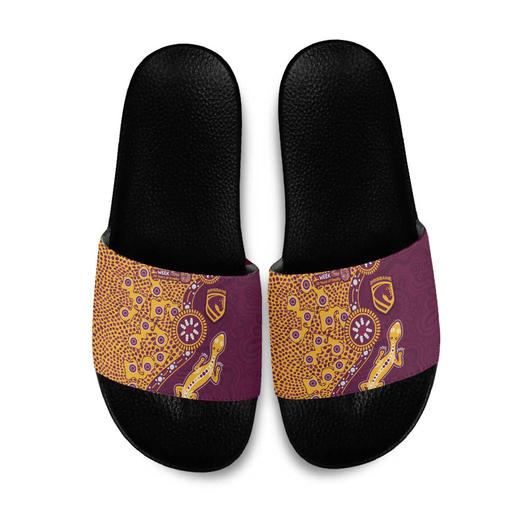 Brisbane Broncos NAIDOC Week 2026 Slide Sandals Aboriginal Lizard Dot Painting - 50 Years of Deadly