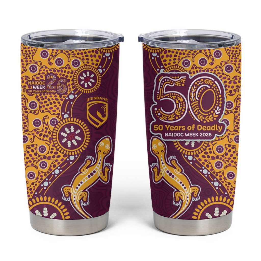 Brisbane Broncos NAIDOC Week 2026 Tumbler Cup Aboriginal Lizard Dot Painting - 50 Years of Deadly