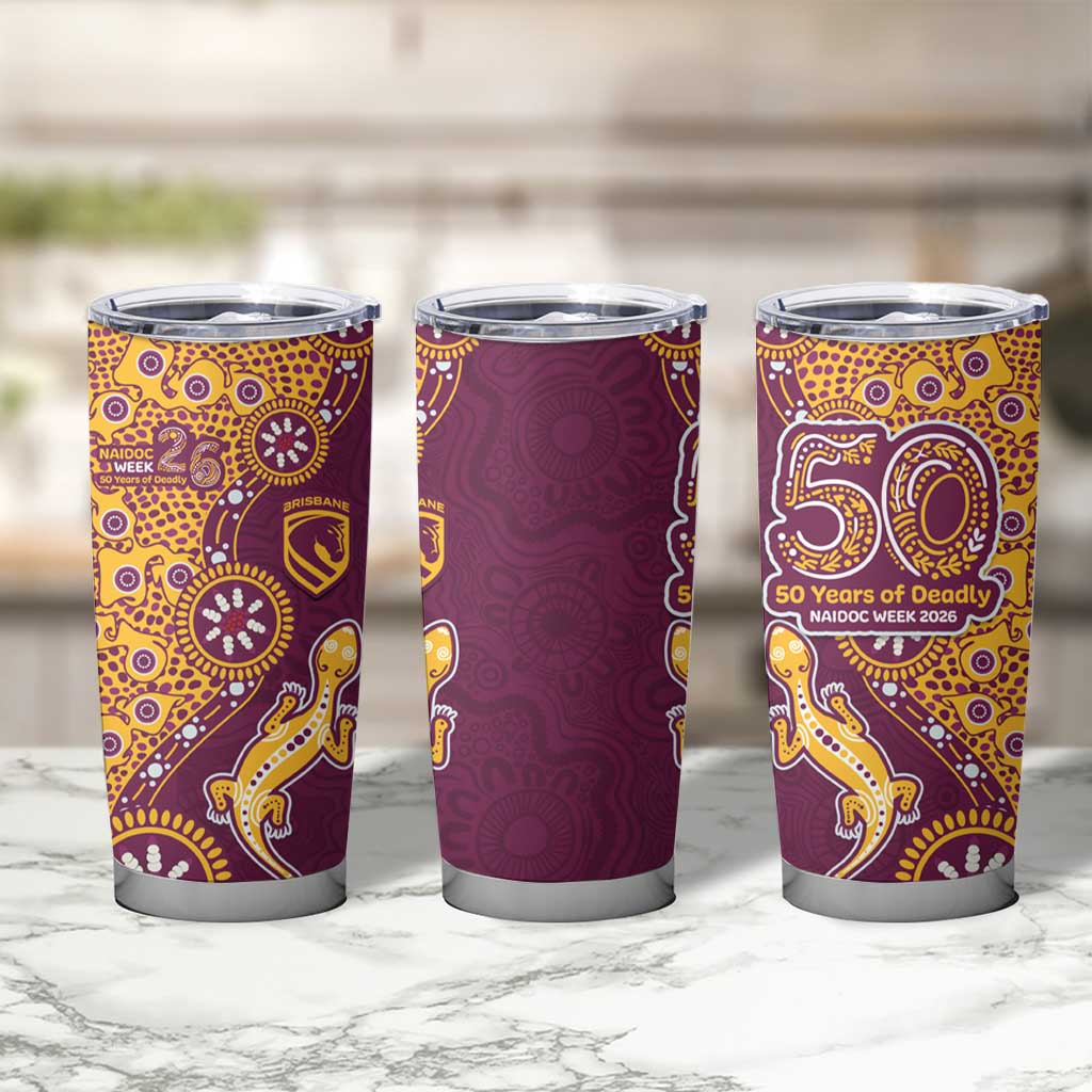 Brisbane Broncos NAIDOC Week 2026 Tumbler Cup Aboriginal Lizard Dot Painting - 50 Years of Deadly