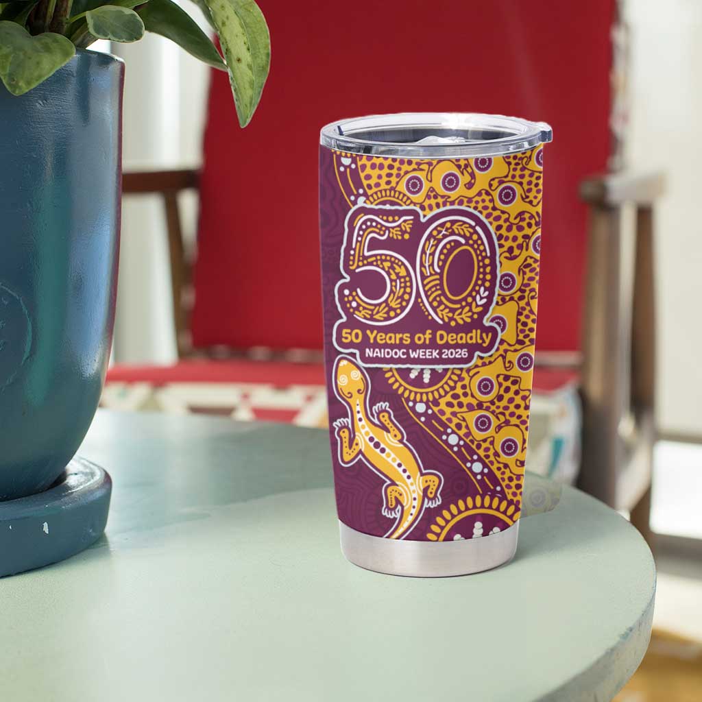 Brisbane Broncos NAIDOC Week 2026 Tumbler Cup Aboriginal Lizard Dot Painting - 50 Years of Deadly