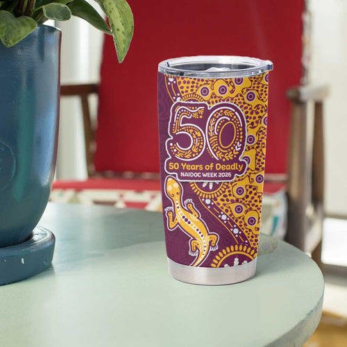 Brisbane Broncos NAIDOC Week 2026 Tumbler Cup Aboriginal Lizard Dot Painting - 50 Years of Deadly
