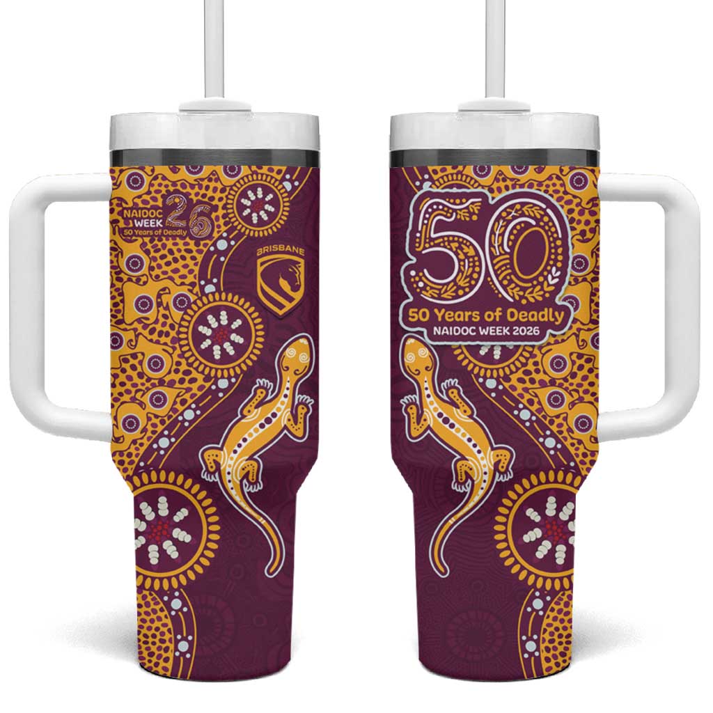 Brisbane Broncos NAIDOC Week 2026 Tumbler With Handle Aboriginal Lizard Dot Painting - 50 Years of Deadly
