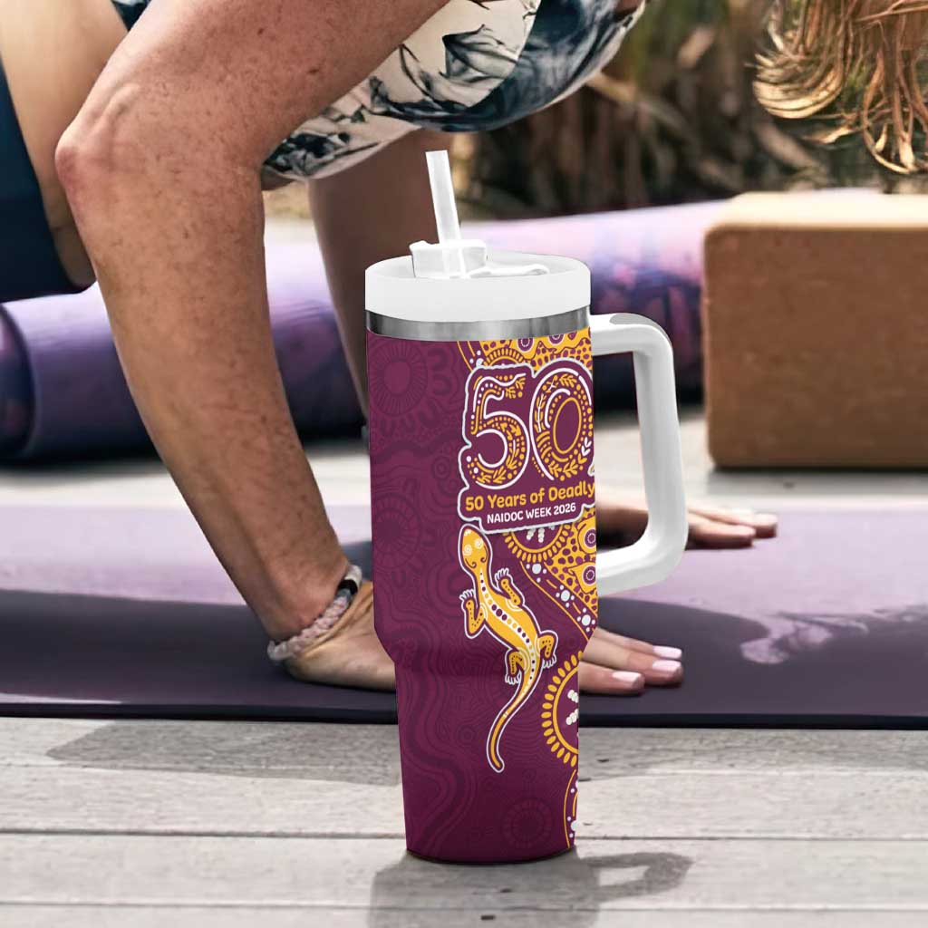 Brisbane Broncos NAIDOC Week 2026 Tumbler With Handle Aboriginal Lizard Dot Painting - 50 Years of Deadly
