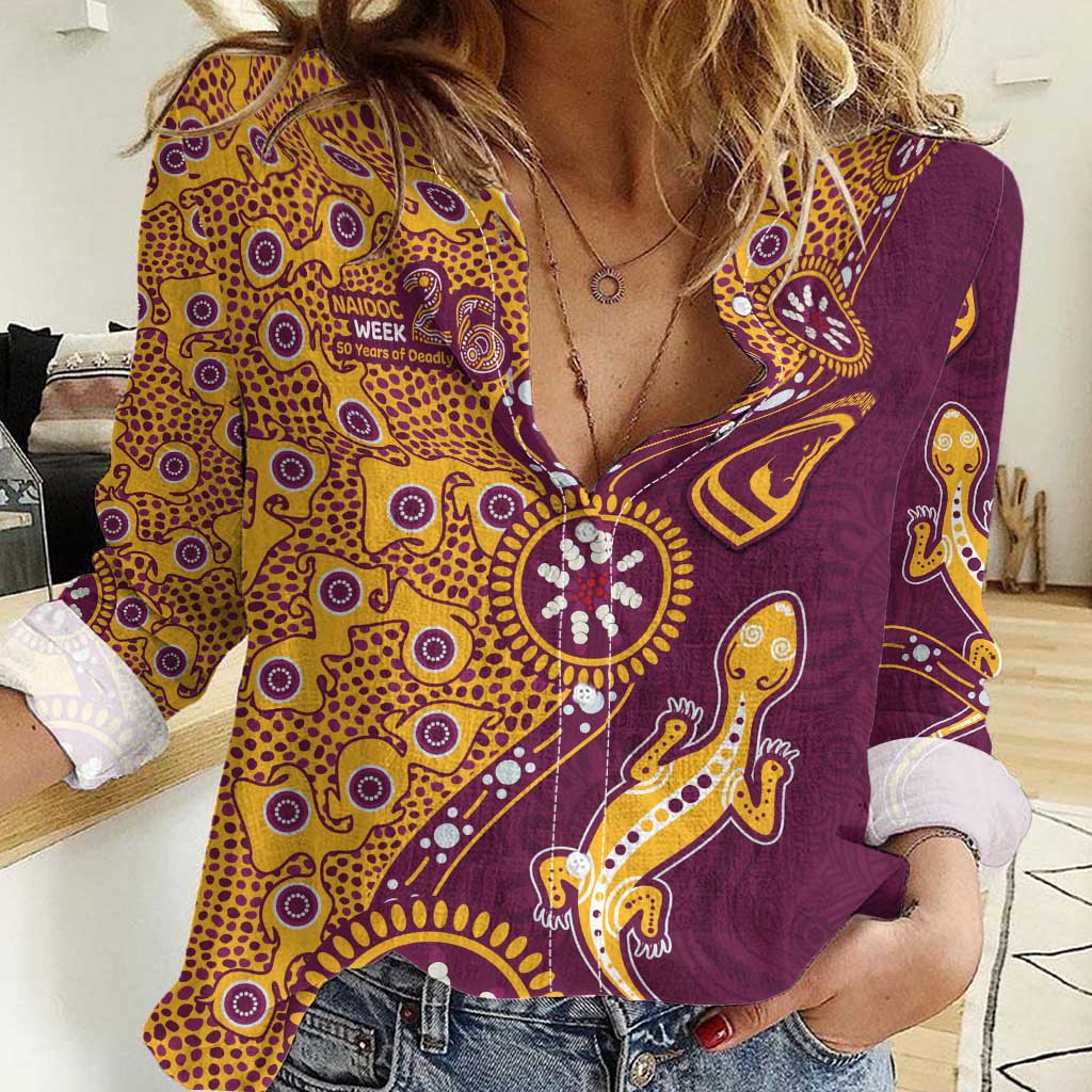 Brisbane Broncos NAIDOC Week 2026 Women Casual Shirt Aboriginal Lizard Dot Painting - 50 Years of Deadly