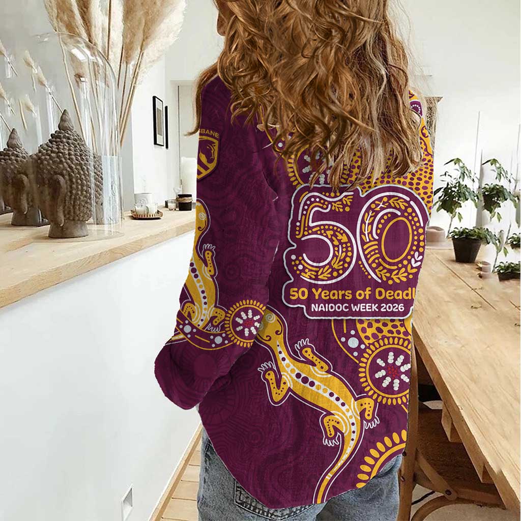 Brisbane Broncos NAIDOC Week 2026 Women Casual Shirt Aboriginal Lizard Dot Painting - 50 Years of Deadly