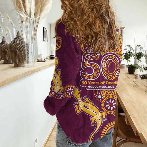 Brisbane Broncos NAIDOC Week 2026 Women Casual Shirt Aboriginal Lizard Dot Painting - 50 Years of Deadly