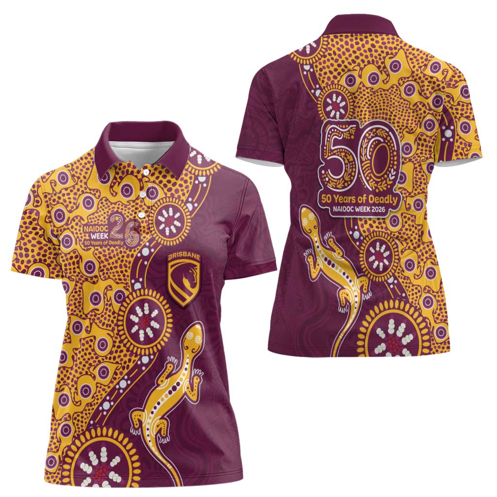 Brisbane Broncos NAIDOC Week 2026 Women Polo Shirt Aboriginal Lizard Dot Painting - 50 Years of Deadly