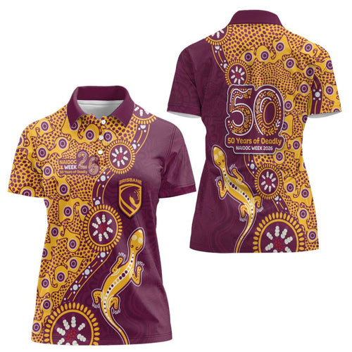 Brisbane Broncos NAIDOC Week 2026 Women Polo Shirt Aboriginal Lizard Dot Painting - 50 Years of Deadly