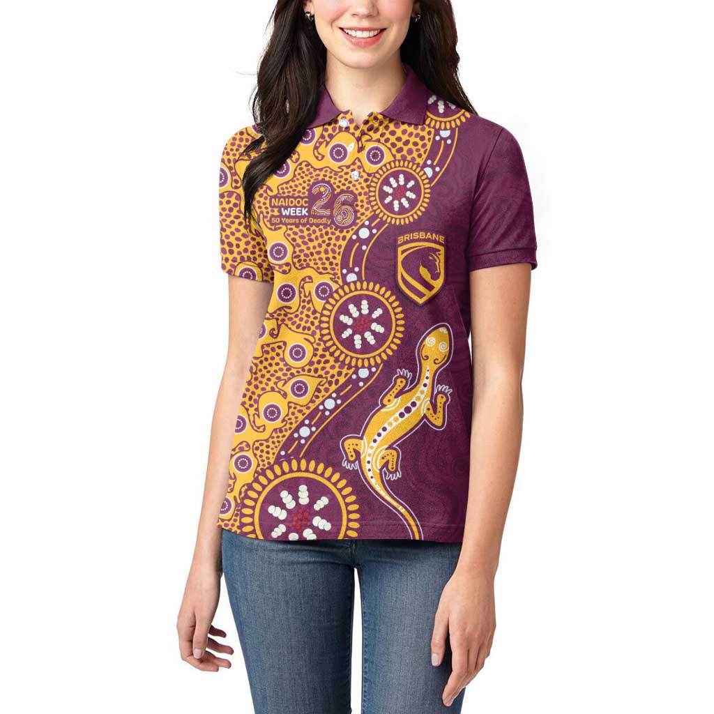 Brisbane Broncos NAIDOC Week 2026 Women Polo Shirt Aboriginal Lizard Dot Painting - 50 Years of Deadly