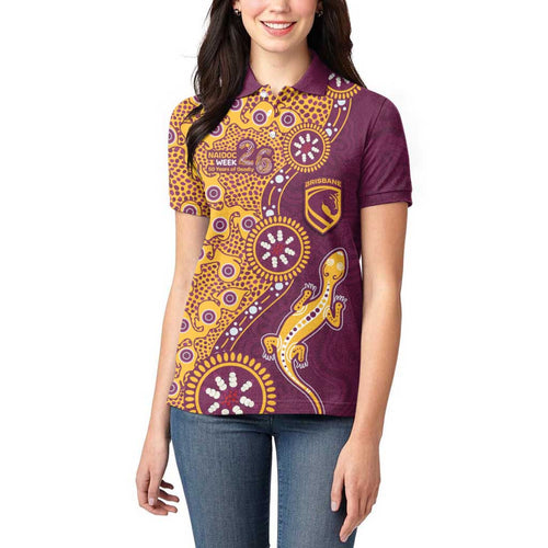 Brisbane Broncos NAIDOC Week 2026 Women Polo Shirt Aboriginal Lizard Dot Painting - 50 Years of Deadly