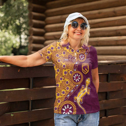 Brisbane Broncos NAIDOC Week 2026 Women Polo Shirt Aboriginal Lizard Dot Painting - 50 Years of Deadly