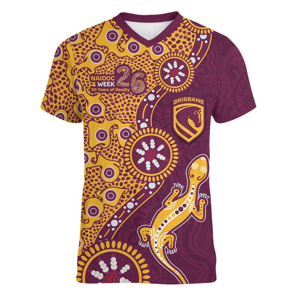 Brisbane Broncos NAIDOC Week 2026 Women V-Neck T-Shirt Aboriginal Lizard Dot Painting - 50 Years of Deadly