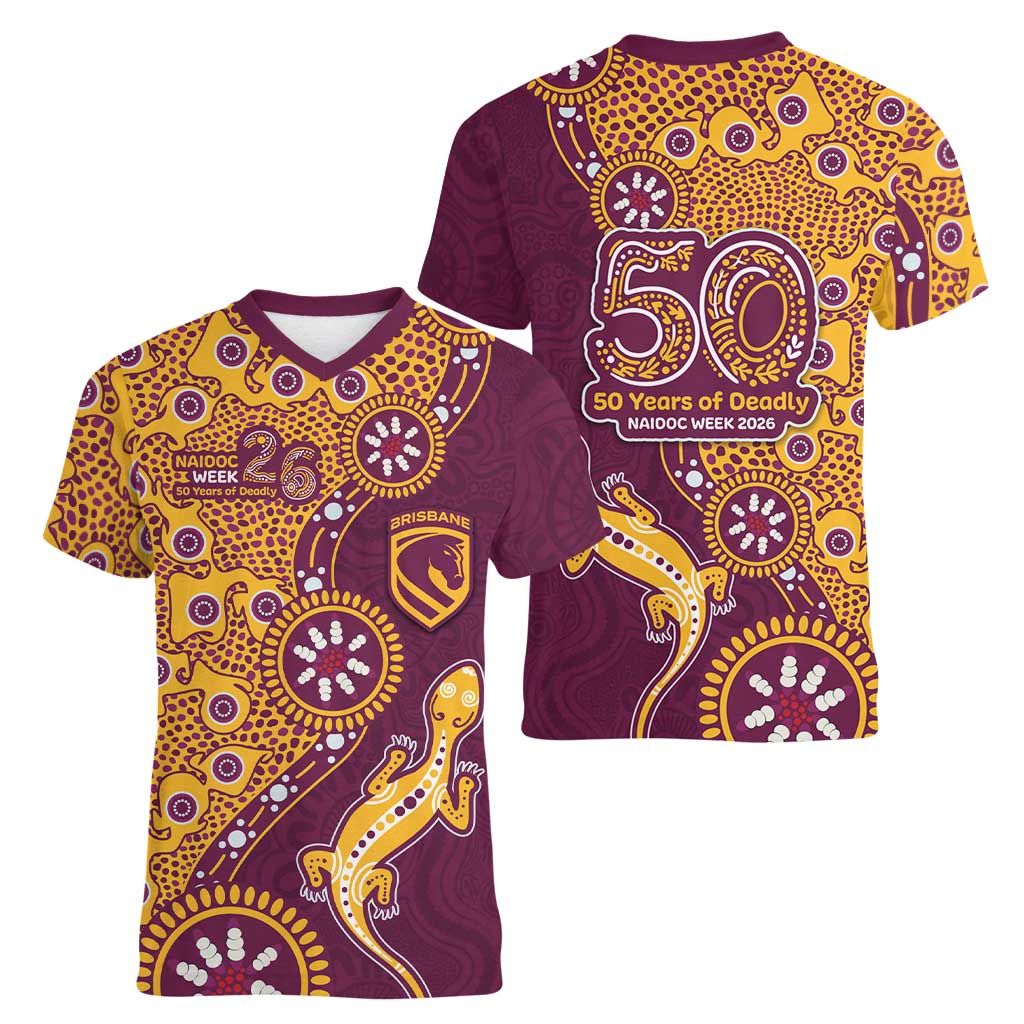 Brisbane Broncos NAIDOC Week 2026 Women V-Neck T-Shirt Aboriginal Lizard Dot Painting - 50 Years of Deadly