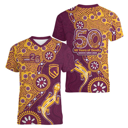Brisbane Broncos NAIDOC Week 2026 Women V-Neck T-Shirt Aboriginal Lizard Dot Painting - 50 Years of Deadly