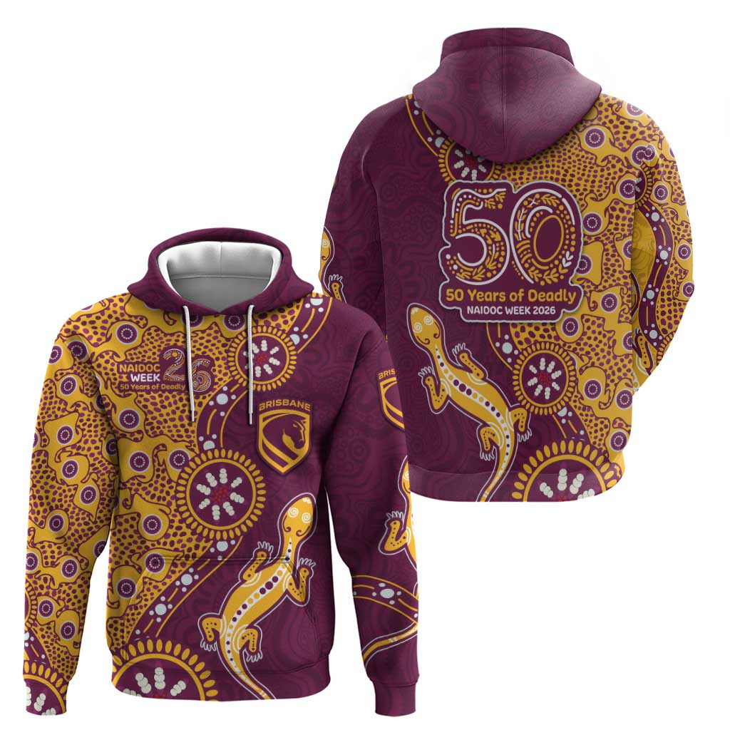 Brisbane Broncos NAIDOC Week 2026 Zip Hoodie Aboriginal Lizard Dot Painting - 50 Years of Deadly