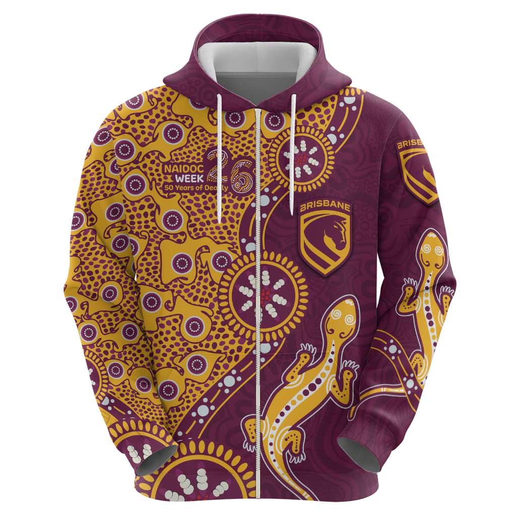 Brisbane Broncos NAIDOC Week 2026 Zip Hoodie Aboriginal Lizard Dot Painting - 50 Years of Deadly