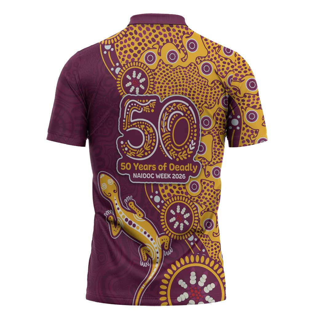 Brisbane Broncos NAIDOC Week 2026 Zipper Polo Shirt Aboriginal Lizard Dot Painting - 50 Years of Deadly