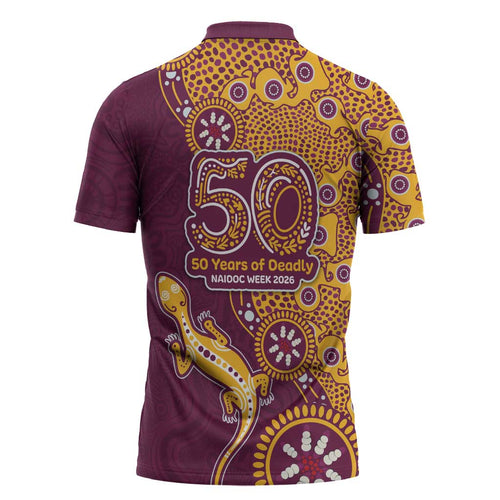 Brisbane Broncos NAIDOC Week 2026 Zipper Polo Shirt Aboriginal Lizard Dot Painting - 50 Years of Deadly