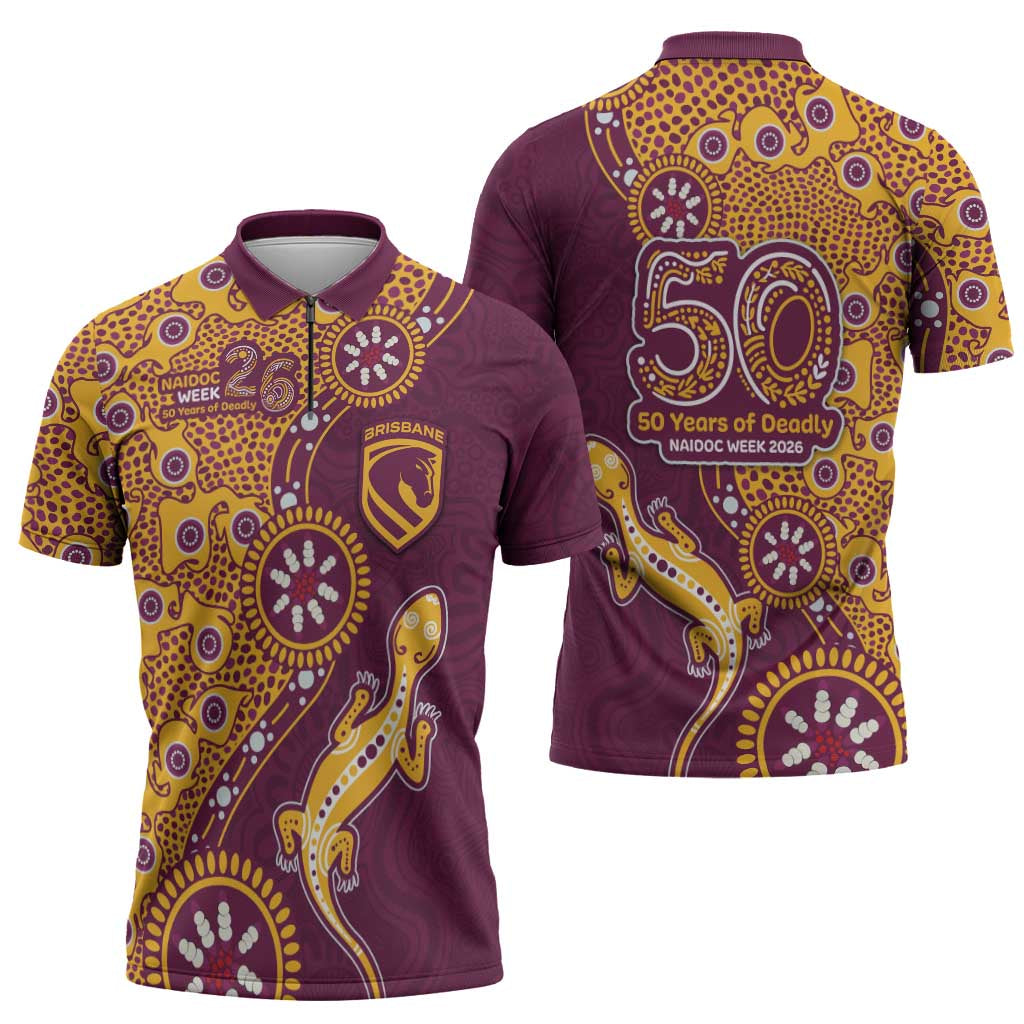 Brisbane Broncos NAIDOC Week 2026 Zipper Polo Shirt Aboriginal Lizard Dot Painting - 50 Years of Deadly