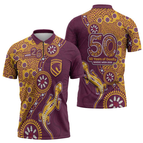 Brisbane Broncos NAIDOC Week 2026 Zipper Polo Shirt Aboriginal Lizard Dot Painting - 50 Years of Deadly