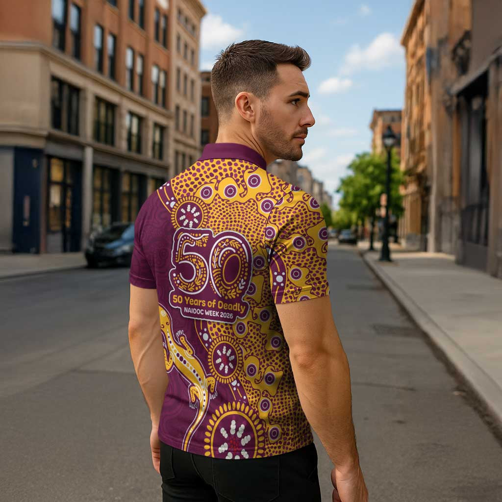 Brisbane Broncos NAIDOC Week 2026 Zipper Polo Shirt Aboriginal Lizard Dot Painting - 50 Years of Deadly